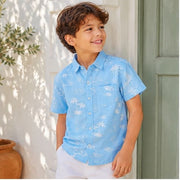 Boys Sky Blue Tropical Print Half Sleeve Shirt