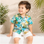 Boys Blue & Green Tropical Floral Print Half Sleeve Shirt