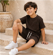 Boys Solid Brown Co-Ord Set | Half Sleeve T-Shirt with Pocket & Matching Shorts