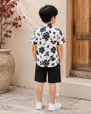 Boys White & Black Floral Printed Half Sleeve Shirt | Stylish Casual Summer Wear for Kids