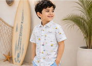 Boys White Mini Sailboat Print Half Sleeve Casual Shirt