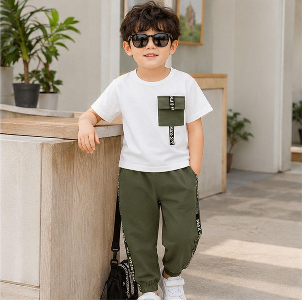 Boys White T-Shirt & Olive Green Jogger Pants Set | Stylish Casual Co-Ord Outfit