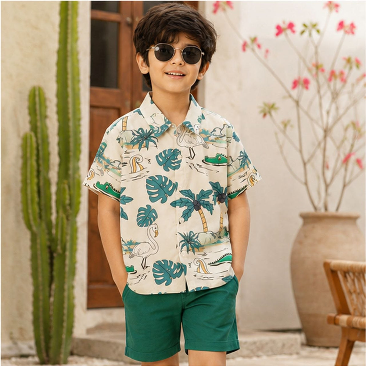 Little Trends Boys Tropical Printed Half Sleeve Shirt | Cream Casual Beachwear Shirt