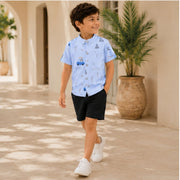 Boys Light Blue Printed Half Sleeve Cotton Shirt | Stylish Casual Summer Wear for Kids