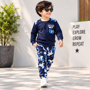 Kids Navy Blue Full Sleeve T-Shirt with Blue Camouflage Jogger Set