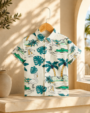 Little Trends Boys Tropical Printed Half Sleeve Shirt | Cream Casual Beachwear Shirt