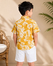 Boys Mustard Yellow Floral Print Half Sleeve Shirt