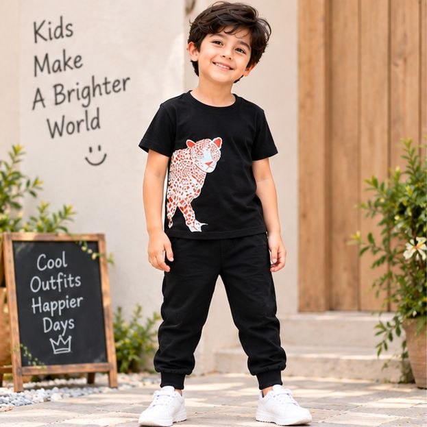 Boys Black Printed T-Shirt & Jogger Set – Stylish Casual Co-Ord Set