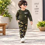 Kids Olive Green Full Sleeve T-Shirt with Camouflage Jogger Set
