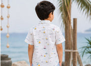 Boys White Mini Sailboat Print Half Sleeve Casual Shirt