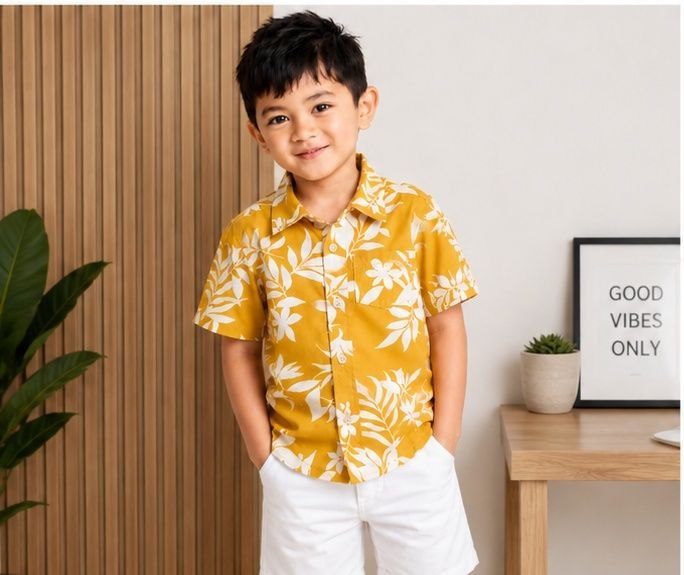 Boys Mustard Yellow Floral Print Half Sleeve Shirt