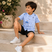 Boys Light Blue Printed Half Sleeve Cotton Shirt | Stylish Casual Summer Wear for Kids