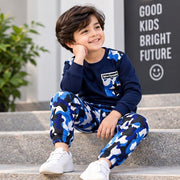 Kids Navy Blue Full Sleeve T-Shirt with Blue Camouflage Jogger Set