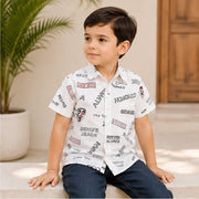 Boys White Typography Print Half Sleeve Casual Shirt