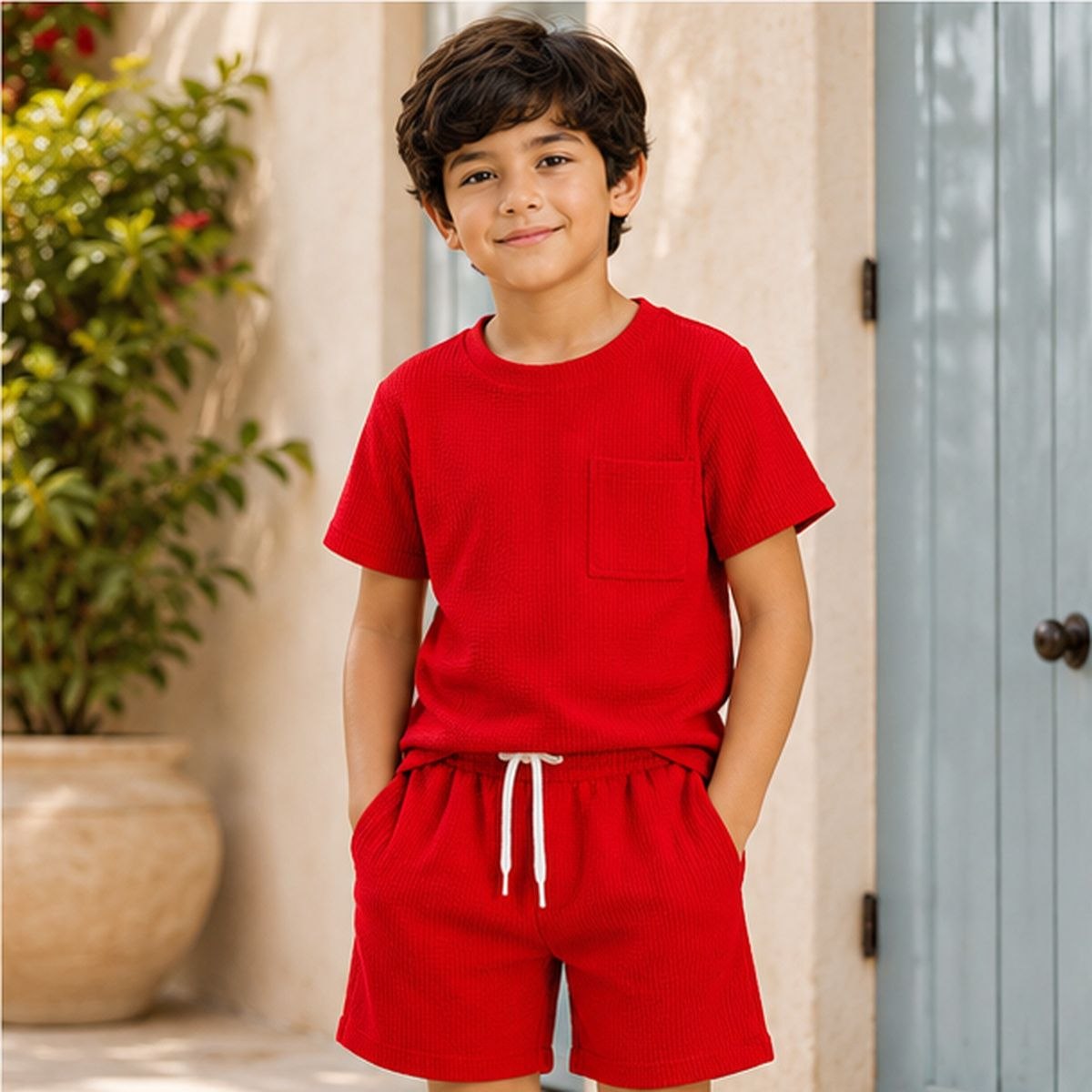 Little Trends Boys Solid Co-Ord Set | Half Sleeve T-Shirt with Pocket & Shorts | Casual Summer Outfit