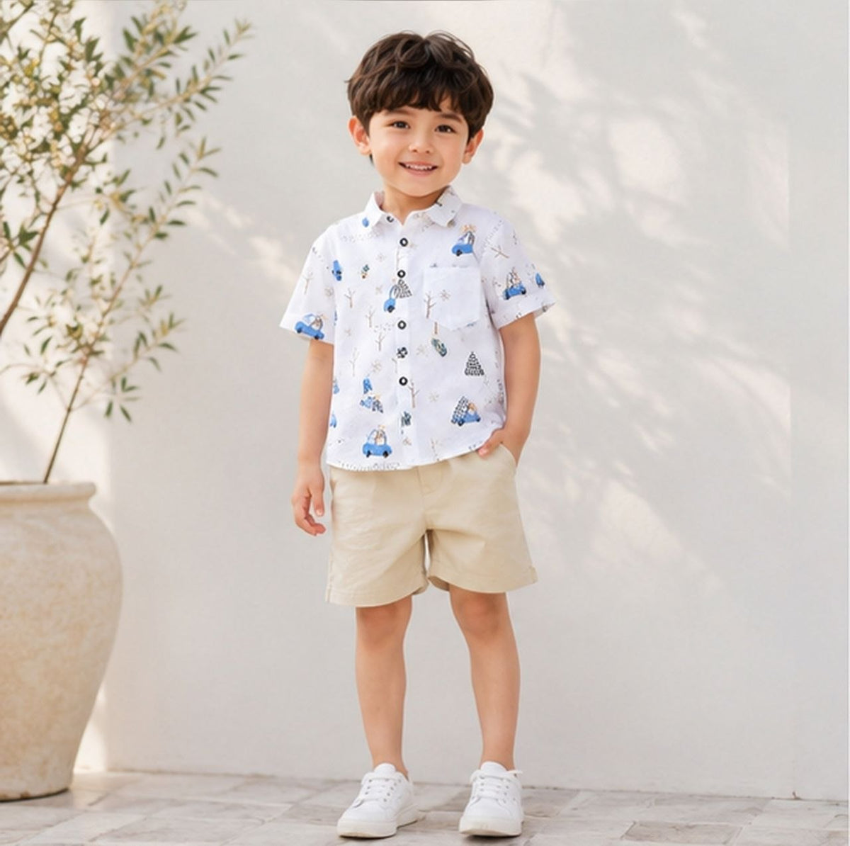 Boys White Car Printed Half Sleeve Shirt | Stylish Casual Summer Wear for Kids