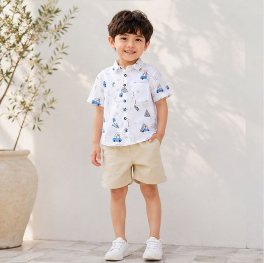 Boys White Car Printed Half Sleeve Shirt | Stylish Casual Summer Wear for Kids